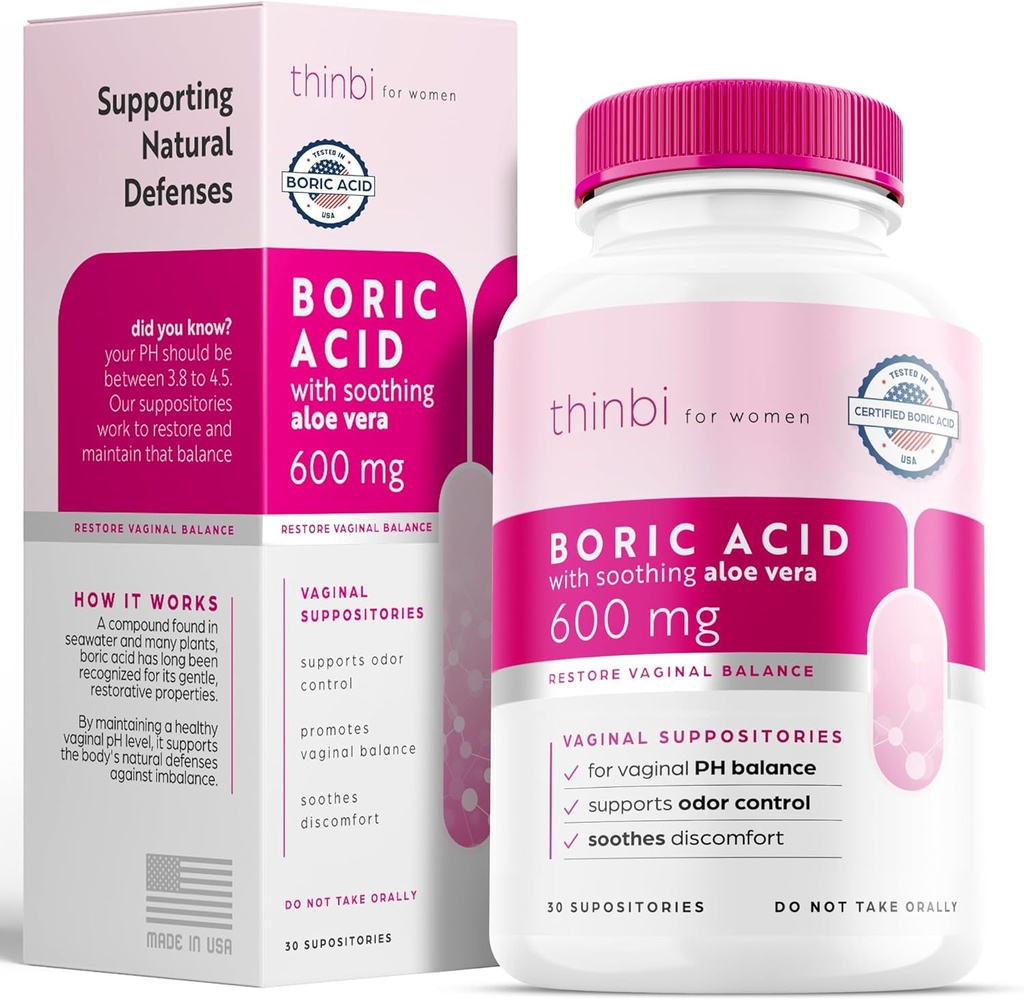 Thinbi Boric Acid Suctionitories for Women w/Aloe Vera - BV Treatment & PH Balance for vaginosis Treatment - ter ondersteuning van Intieme Gezondheid w/Klinisch bestudeerd Boric Acid 30 Tel.