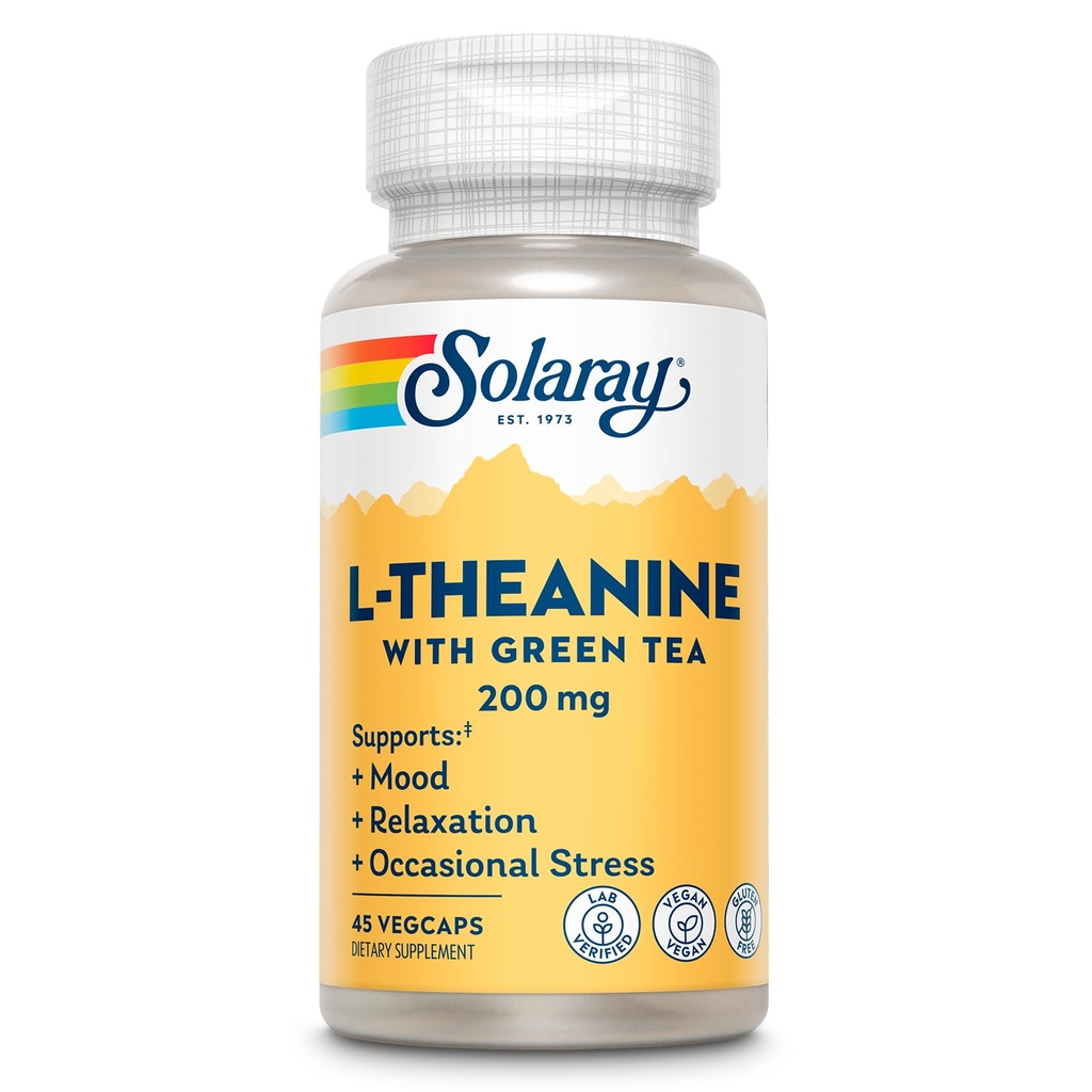 SOLARAY L-Theanine 200mg met groene thee - gezonde stemming, ontspanning en af en toe stress ondersteuning - Lab geverifieerd, veganist, glutenvrij - 45 porties, 45 VegCaps