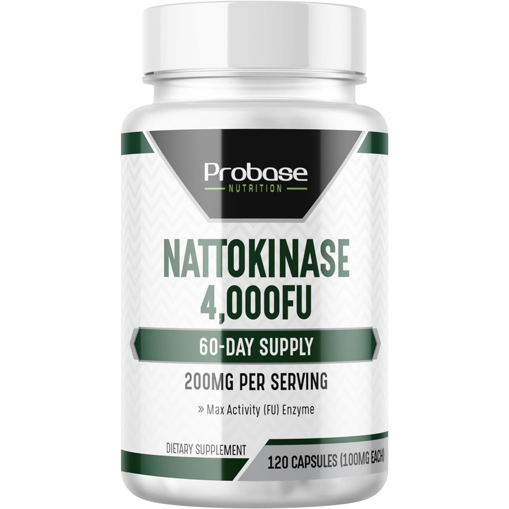 Probase Nutrition Nattokinase Supplément 4 000 FU Servants, 120 Capsules (Dérivés de Natto japonais) Enzymes systémiques pour le soutien cardio-vasculaire et circulatoire