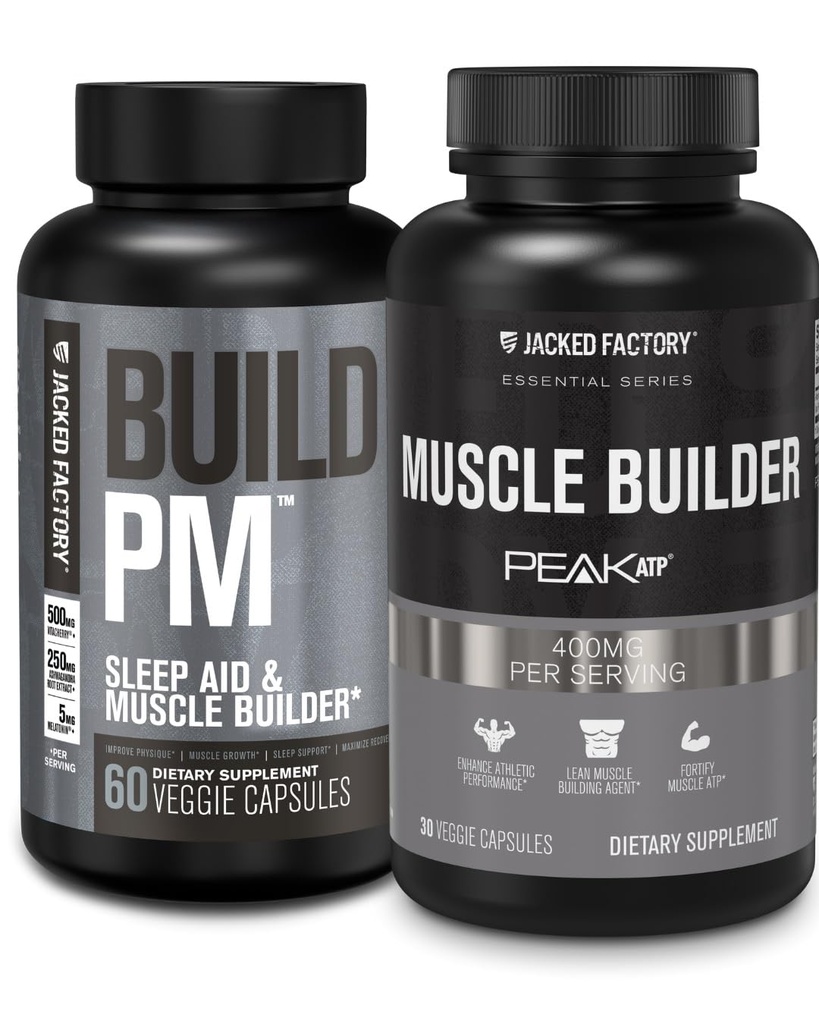 Jacked Factory Builder PM Night Time Muscle Builder & Sleep Aid (60 capsules) & Essentials Muscle Builder - Constructeur de force quotidien pour hommes avec ATP de pointe (30 capsules)