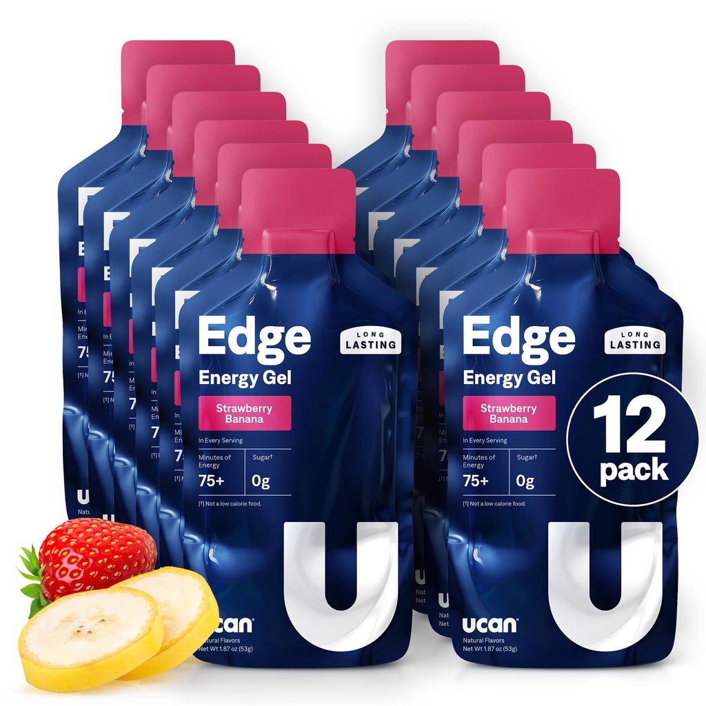 UCAN Edge Energy Gel Shots, Aardbei Banana (12, 2 Ounce Packets) voor hardlopen, Training, Workouts, Fitness, Fitness, Crossfit, Sugar-Free, Vegan, & Keto Friendly Energy