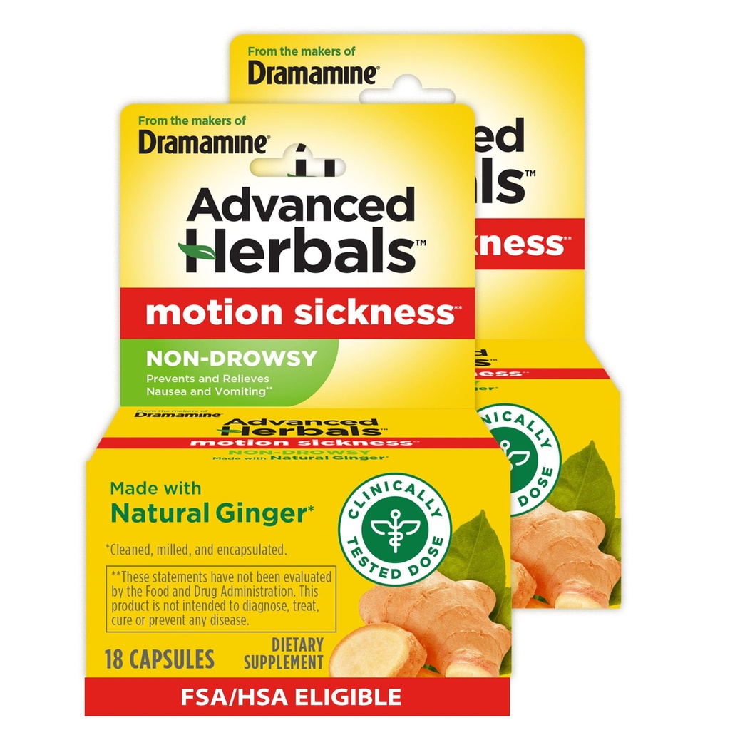 Van de Makers van Dramamine, Advanced Herbals, Non-Drowsy, Motion Sickness Relief, Made with Natural Gember, 18 Graaf, 2 Pack
