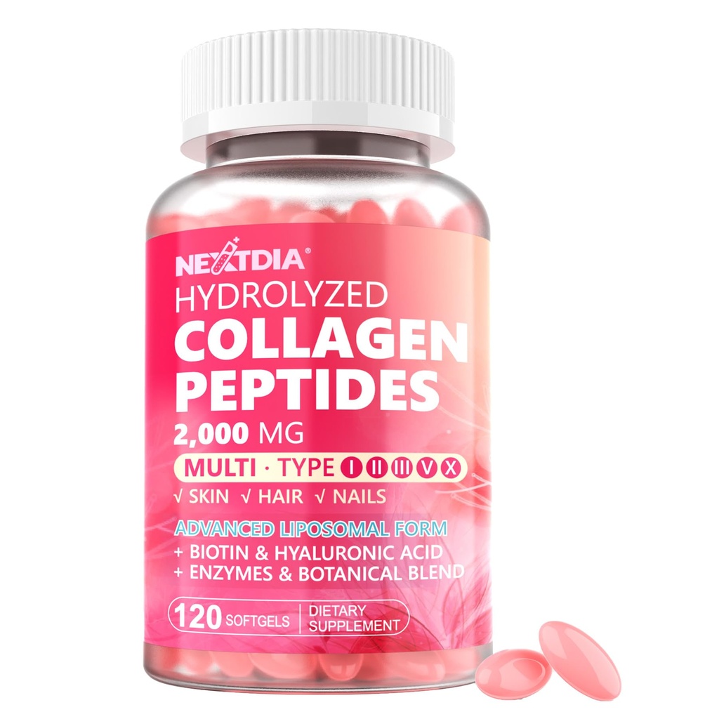 Pilules de peptides de collagène hydrolysées pour femmes 2000mg Forme liposomique de type I, II, III, V, X pour absorption optimale, softgels multicollagènes, suppléments de collagène avec les cheveux, la peau et les ongles Vitamines 120 Cts