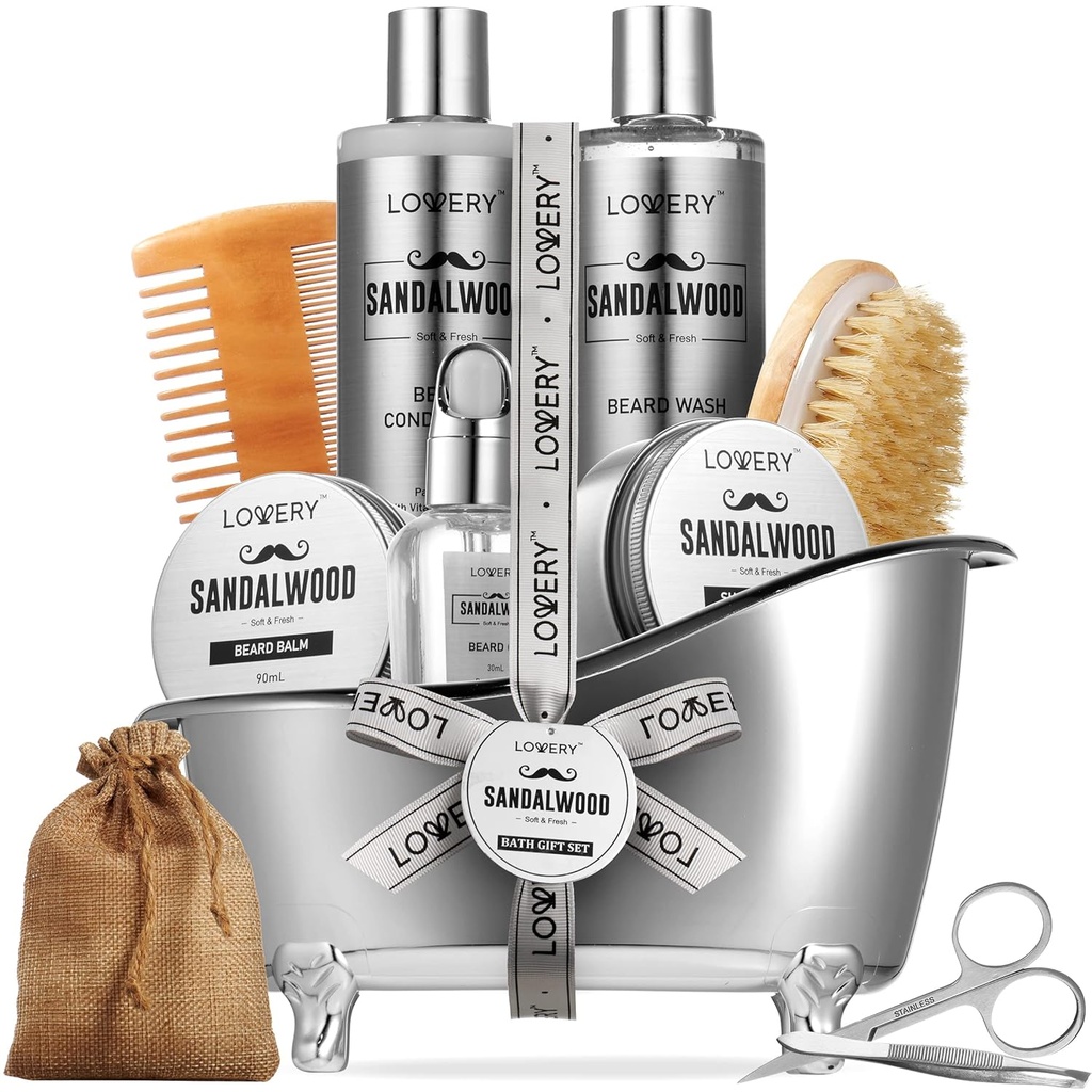 Herengeschenken, Sandalwood Baard Grooming Kit, Heren Grooming Kit voor vriendje papa, Hem, 11pc Baard Straightener voor mannen Baard Care, Baard Groei en Trimmen Gift, Baard Wash Groei Olie &amp; Meer