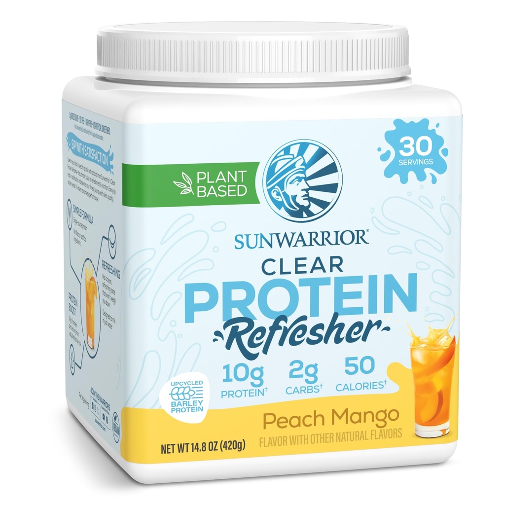 Sunwarrior Clear Protein Powder Plant-Based Water Mix, Vegan and Refreshing Protein and Hydration Supplement 10g Per Serving Peach Mango Flavored 420g Tub 30 Servings