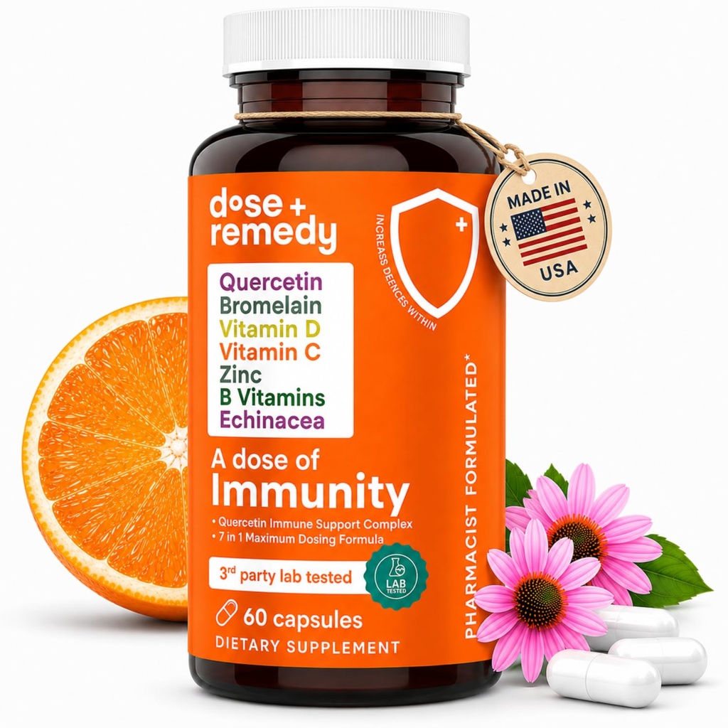 Dose d'immunité Quercetine avec vitamine C et zinc, vitamine D, 500 mg Quercetine Bromelain avec Echinacea & B Vitamines, supplément de soutien immunitaire pulmonaire 7 en 1 Immunity Defense Booster (60 comte)
