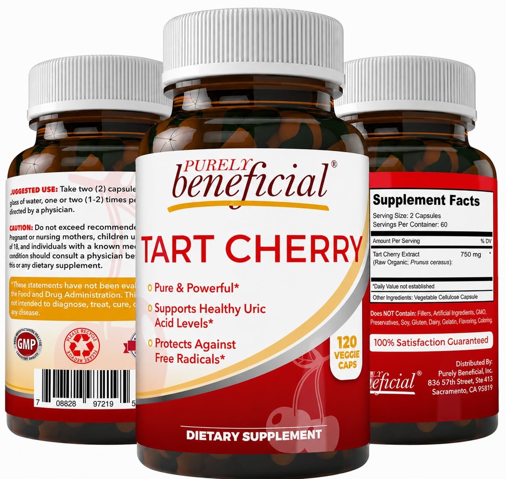 PURELY heilzame Tart Cherry Capsules 6000 mg, Extra sterkte Montmorency Tart Cherry Extract, Urinezuur Flush voor gezamenlijke comfort, Antioxidant & Immuun Ondersteuning, Non-GMO, Glutenvrij, 120 Tellen
