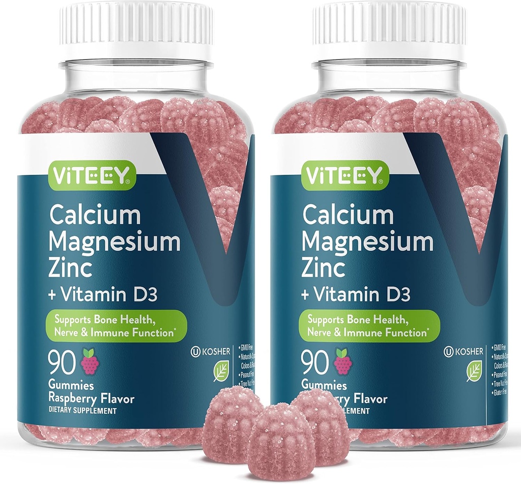 Viteey Calcium Magnesium Zink Gummies met Vitamine D3 - Ondersteunt Bone Health, Nerve & Immune Functie - Calcium Magnesium Zink D3 voor Volwassenen & Tieners - GGO-vrij - Kauwbare Raspberry Flavored Gummy