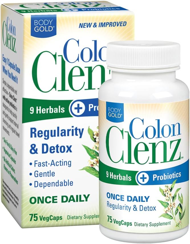 Body Gold Colon Clenz Regularity & Detox Formula (une fois par jour) Support avec 9 herbes + probiotiques actifs (75 CT)