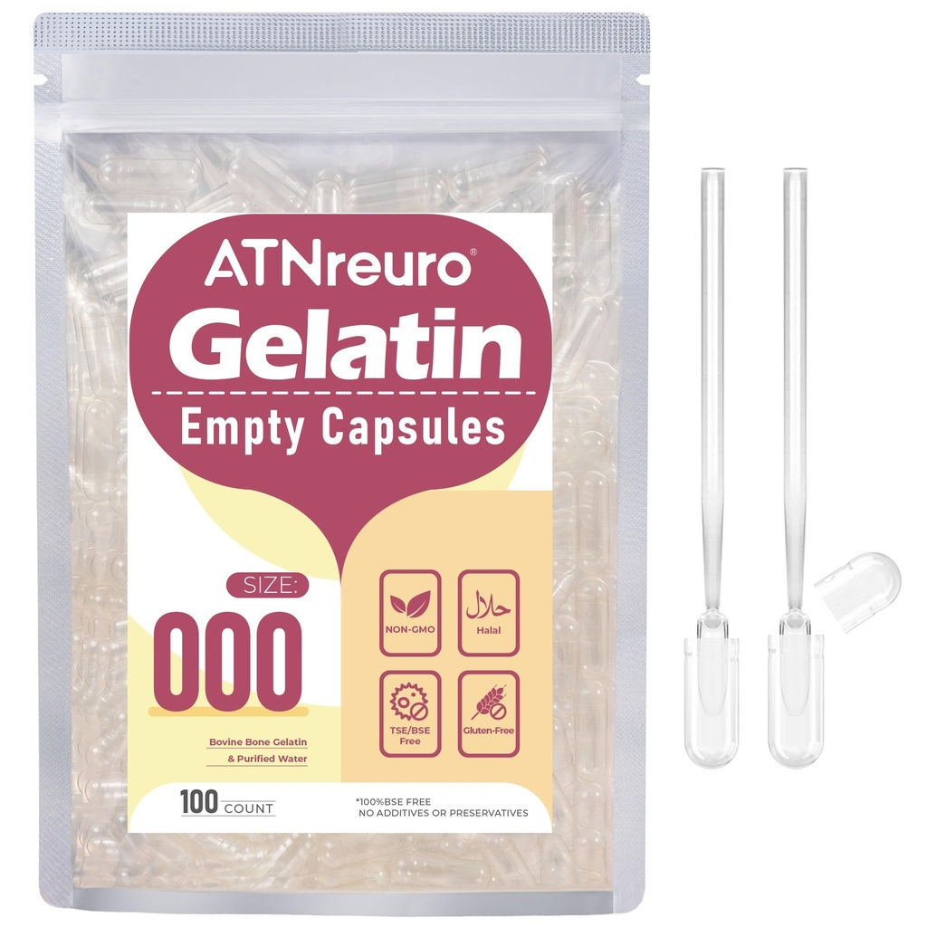Taille 000 Capsules de gélatine vides avec 2 Micro Spoons - 100 Compte Capsule vide - Capsules de pilules vides pour suppléments de poudre