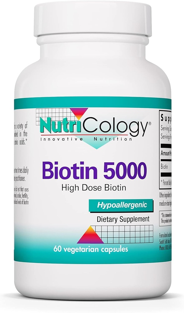 Nutricology Biotin 5000 Supplement - 5000 mcg Biotine, Vitaminen voor haar, huid en nagels, Hoge dosis, Vegetarische Capsules, Hypoallergeen, Glutenvrij - 60 Tellen