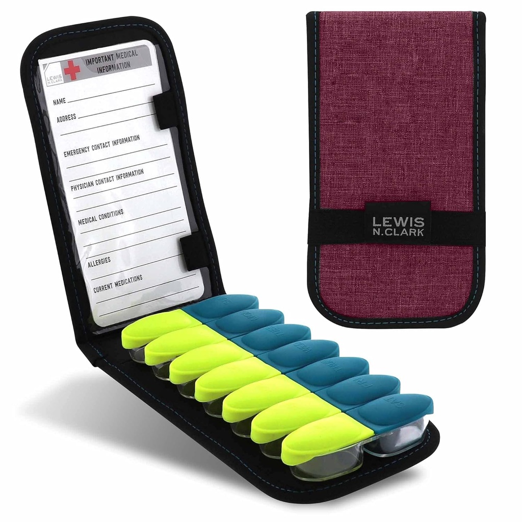 Lewis N. Clark Magnetische vouwen pil Organisator Supplement geval voor OTC Geneeskunde, Prescription Vitaminen-14 Slots, Bourgogne