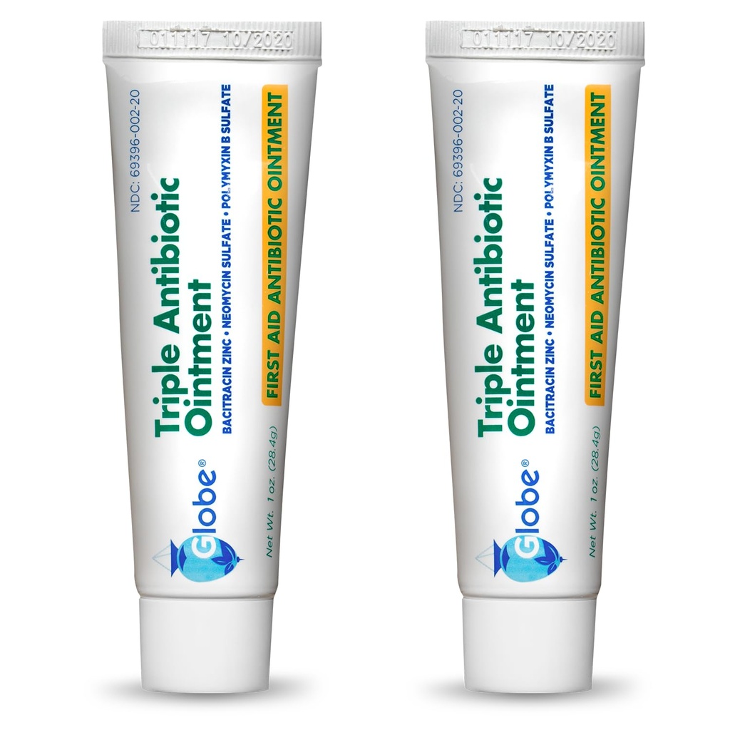Globe Triple Antibiotica Eerste Hulp Zalf, 1 oz (2-pack) Eerste Hulp Antibiotische Zalf, 24-uurs infectie bescherming, Wondverzorging behandeling voor kleine scrapes, brandwonden en snijwonden