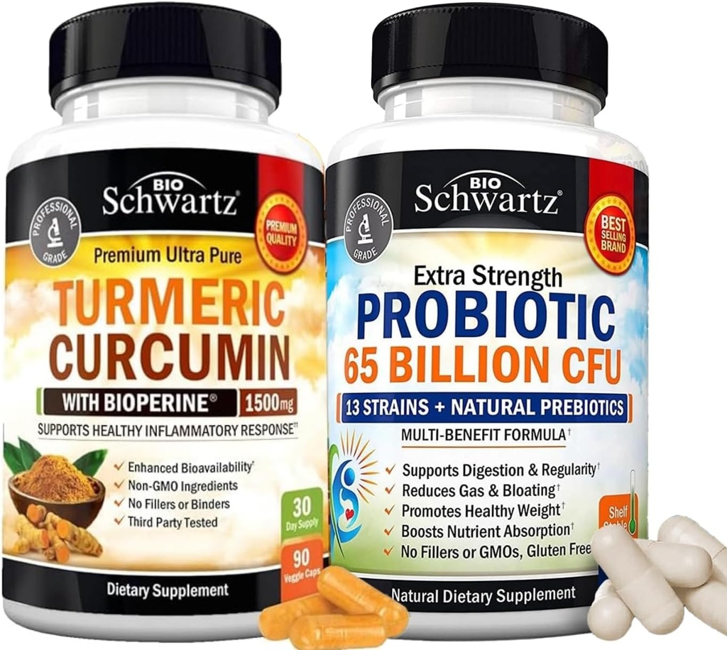 65 miljard CFU Daily Probiotic Supplement (1 maand aanbod) Plus Kurkuma Curcumine met Black Pepper Extract 1500mg Complex (Trial Size)