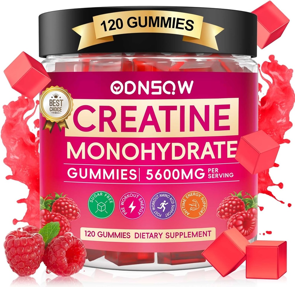 Creatine Monohydraat Gummies for Men & Women 120 CT - 5600mg Creatine Monohydraat per Serving - Vegan, Sugar Free Kauwbare Creatine Monohydraat voor spierkracht, Energie Boost (Raspberry Flavor)