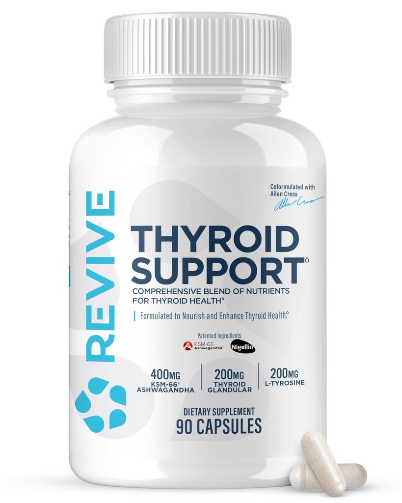 Revive MD Thyroid Ondersteuning Supplement voor mannen en vrouwen - Uitgebreide Blend van Nutriënten Ondersteunt gezonde schildklierfunctie met essentiële vitamine, mineralen en kruiden (90 capsules, 30 porties)