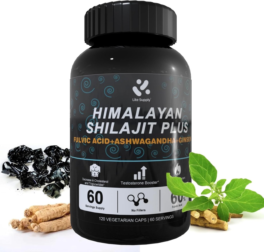 Shilajit Himalaya supplement 60% Fulvinezuur, 120 Vegan Capsules Levering met Pure Natural Shilajit, Ashwagandha, Ginseng Extract - hoog in sporen mineralen voor mannen Energie-ondersteuning