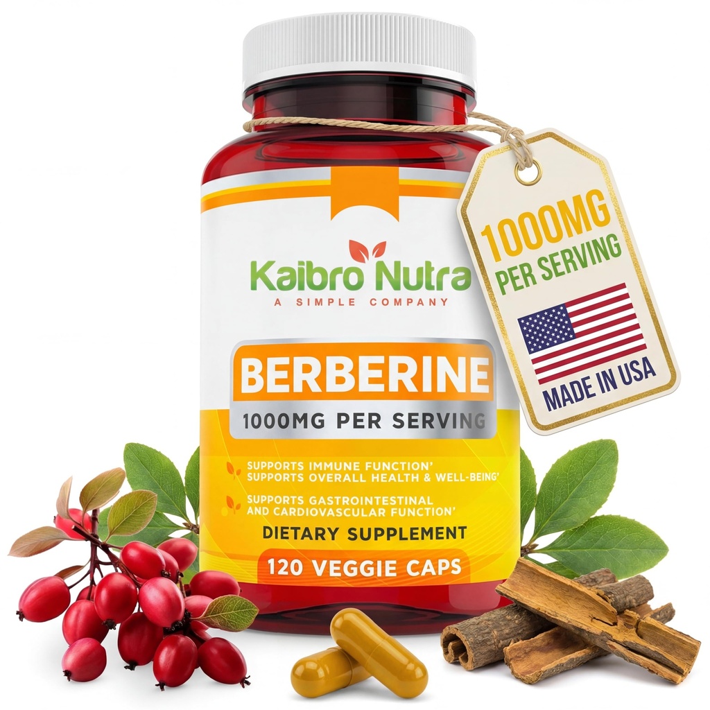Kaibro Nutra Berberine Supplement 1000mg, Berberine HCL voor het immuunsysteem, glucose Support, Circulatory & Gastro-intestinale Gezondheid, Vegan & Glutenvrije, 120 capsules