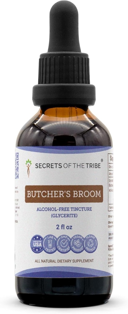Secrets of the Tribe Butcher's Broom Alcohol-Free Liquid Extract, Butcher's Broom (Ruscus aculeatus) Gedroogde Wortel Tinctuur Supplement (2 FL OZ)