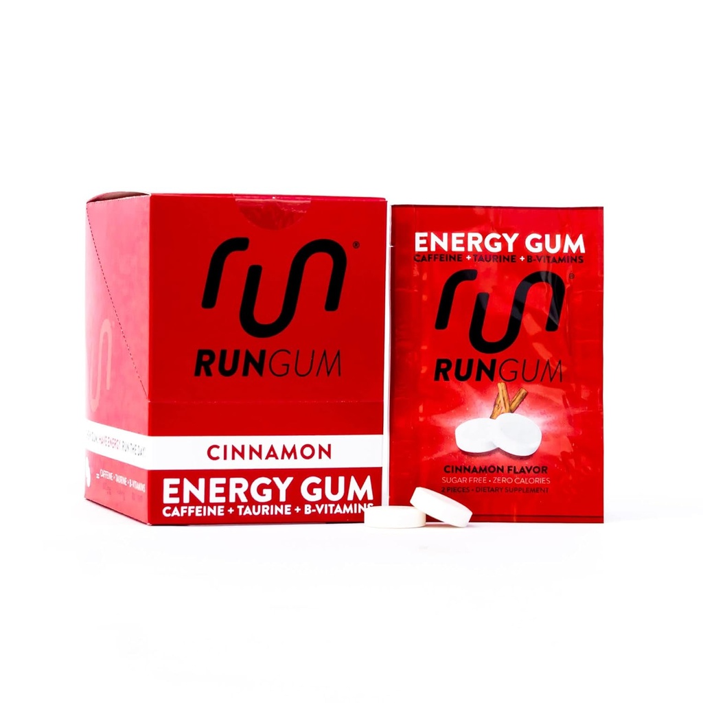 RUN GUM Cinnamon Energy Gum 50mg Cafeïne Taurine & B-Vitamins Per stuk, 24 stuks (pakket van 12), 2 stuks = 1 Koffie of Energie Drink, Suikervrij, Zero Calorie