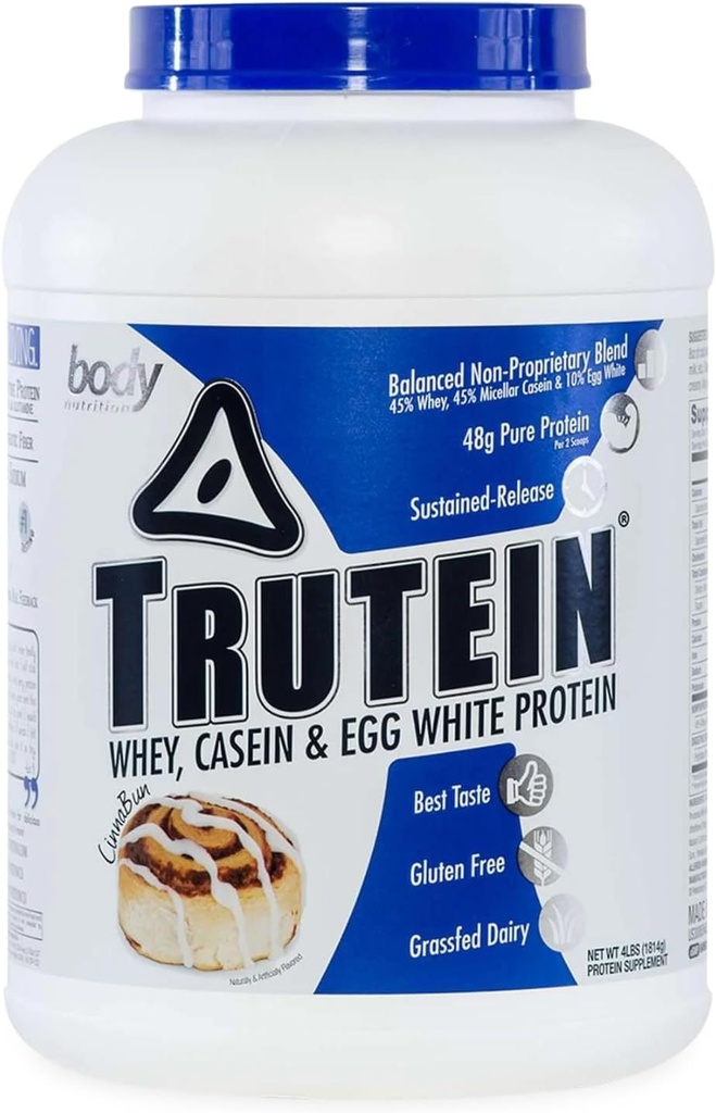 Alimentation du corps Trutéine Poudre à haute teneur en protéines : 45% Whey, 45% Caséine, 10% Blanc d'oeuf, Sans gluten, Faible teneur en sodium, Poudre de protéines de lactosérum, Supplément de gymnastique et petit déjeuner Shake, Cinnabun, 4lb