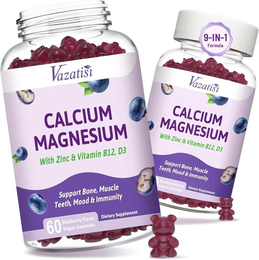 2 Pack Calcium Magnésium Zinc Gommies avec Vitamine D3 & B12, Suppléments de calcium sans sucre pour les femmes hommes, saveur de bleuet végétalien