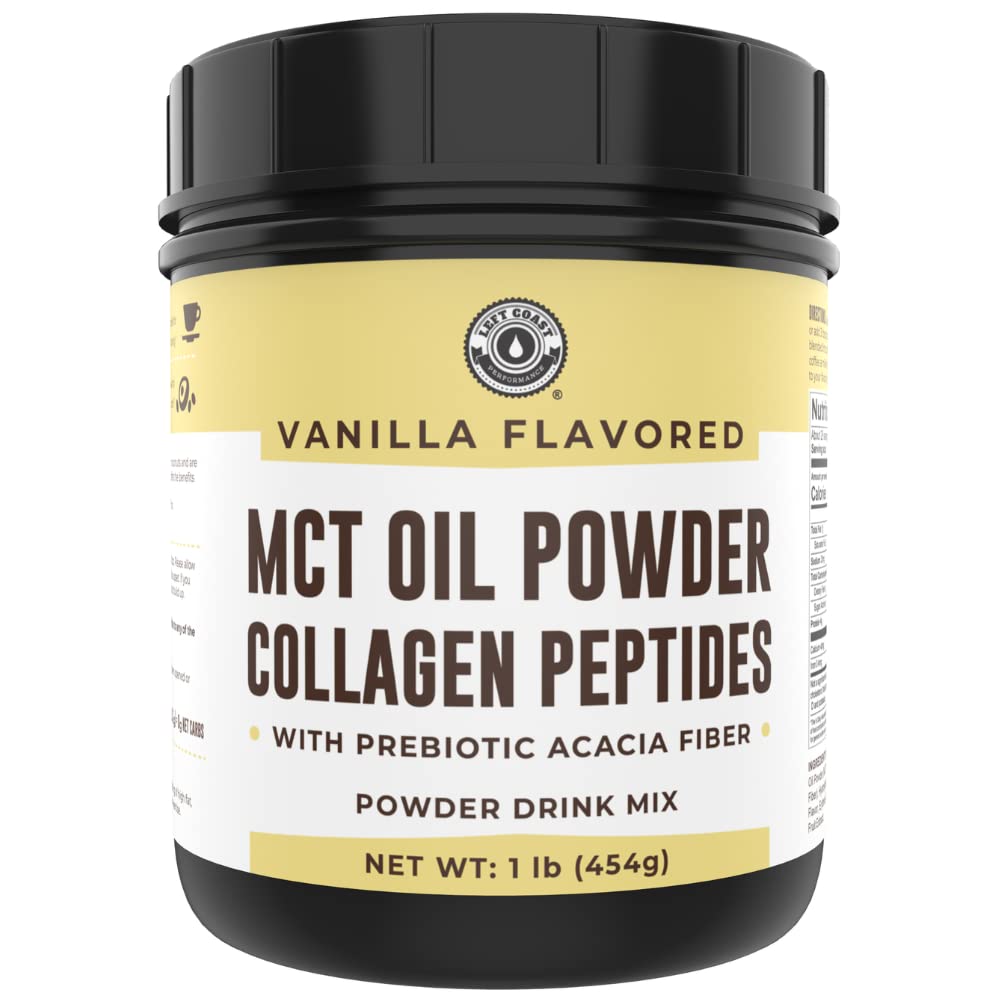 Poudre d'huile Keto MCT + Collagène + Fibre prébiotique Acacia, Vanilla Flavor, 16 oz. Poudre d'huile MCT de noix de coco. Collagène de la Fed d'herbe, parfait pour Keto, 0 Net Carb, Stevia, Erythritol, boisson en poudre