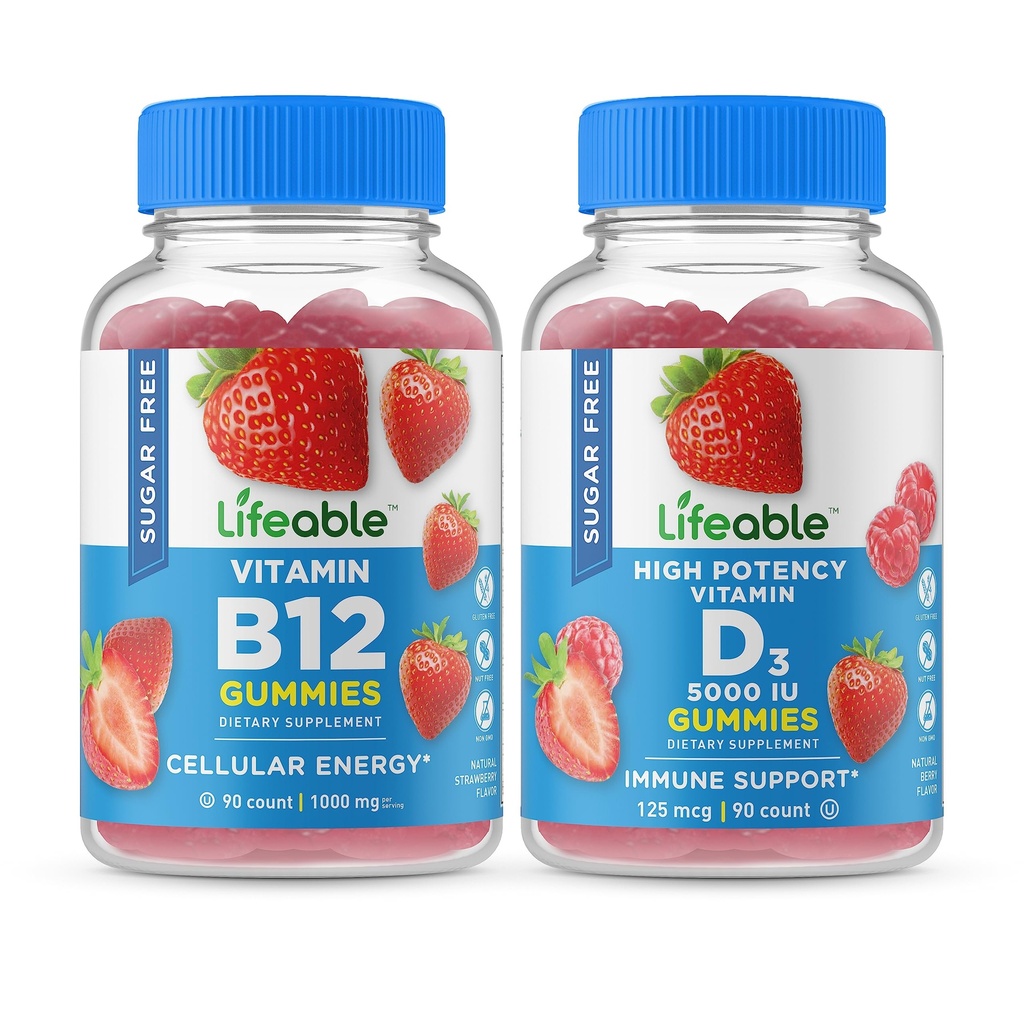 Levensbaar Suikervrij Vitamine B12 + Vitamine D 5000 IE, Gummies Bundle - Geweldig proeven, Vitaminesupplement, Glutenvrij, GGO-vrij, Kauwgom
