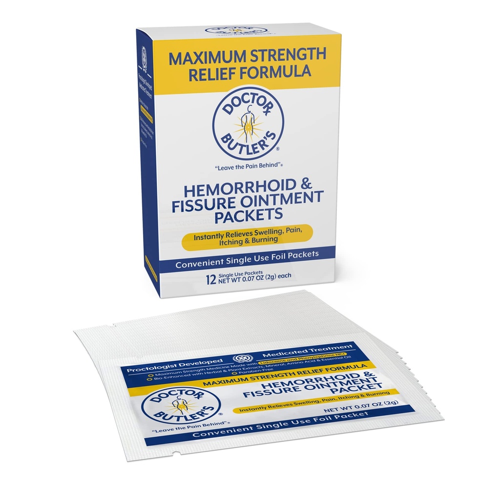Dokter Butler's maximale sterkte aambei en fissure zalf 12 to-go pakketten - Instant Pain Relief Aambeien behandeling met lidocaïne, interne en externe jeuk, brand en zwelling verlichting