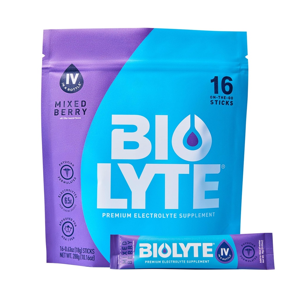 BIOLYTE IV Packets de poudre d'électrolyte, IV Mélange de boisson liquide pour l'eau, Hydratation développée par le médecin, HSA approuvé Déshydratation, la chimiothérapie doit avoir pour les femmes et les hommes - Berry mixte (16 bâtons)