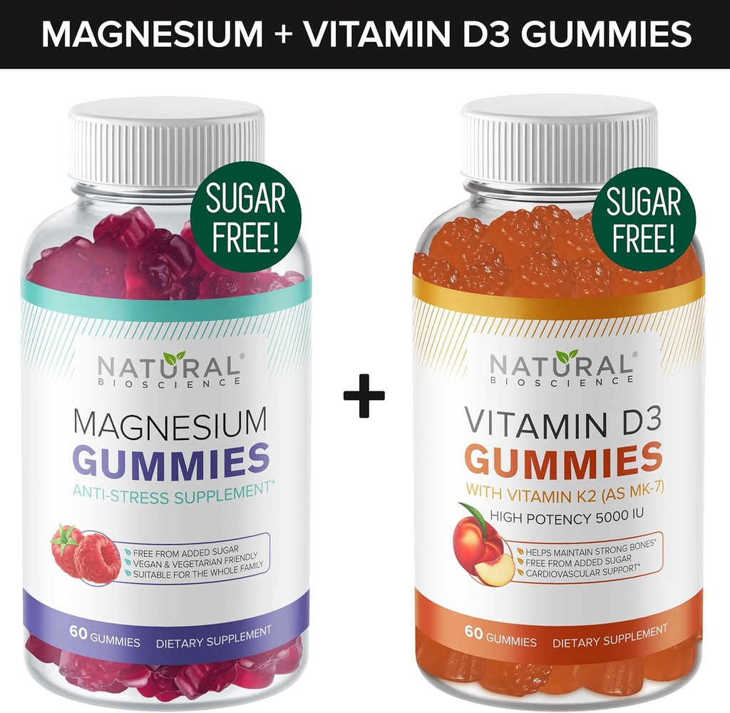 Suikervrije Magnesium Gummies (60 Gummies) en suikervrije vitamine D Gummies (60 Gummies) 