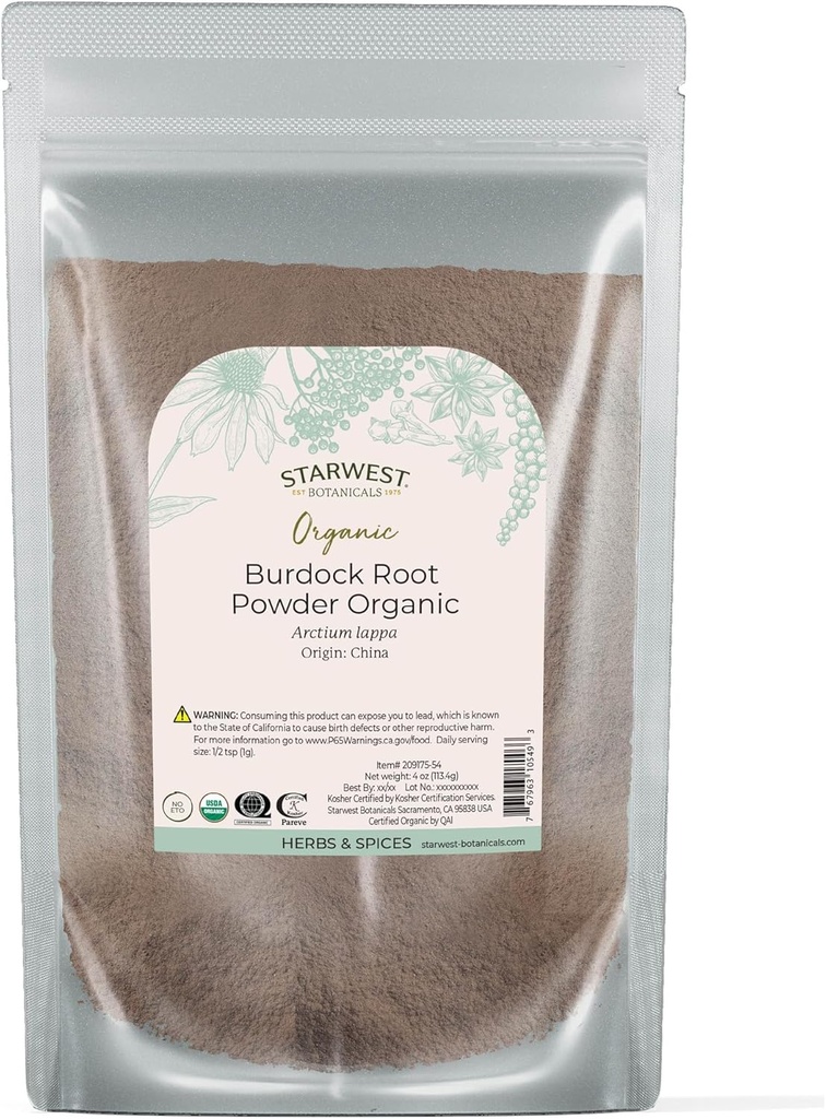 Starwest Botanicals Burdock Root Powder Organic - Natural Source of Antioxidants, Loose Herb for Tea, Rice, Soep, & Stews, Certified Kosher, Non-GMO - 4 oz Pouch