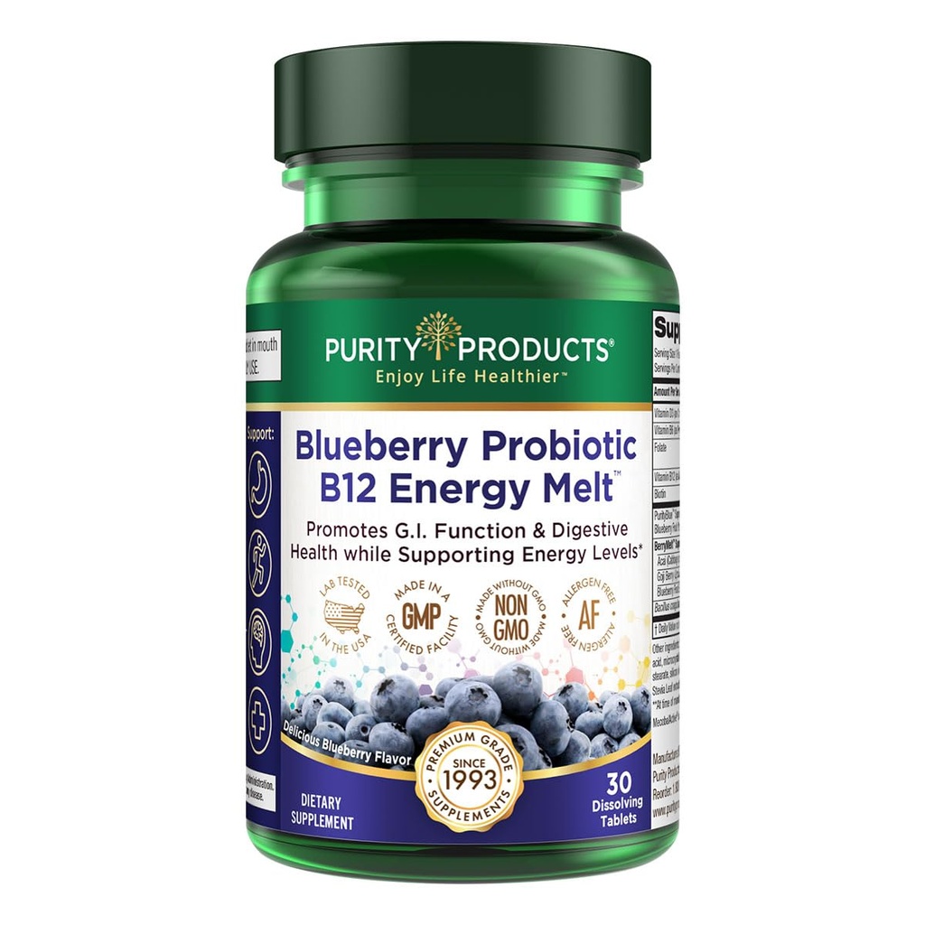 Zuiverheid Producten Blueberry Probiotic B12 Energy Smelt Clinical Probiotic - Biologische bosbessen, Methylcobalamine B-12-30 Melts