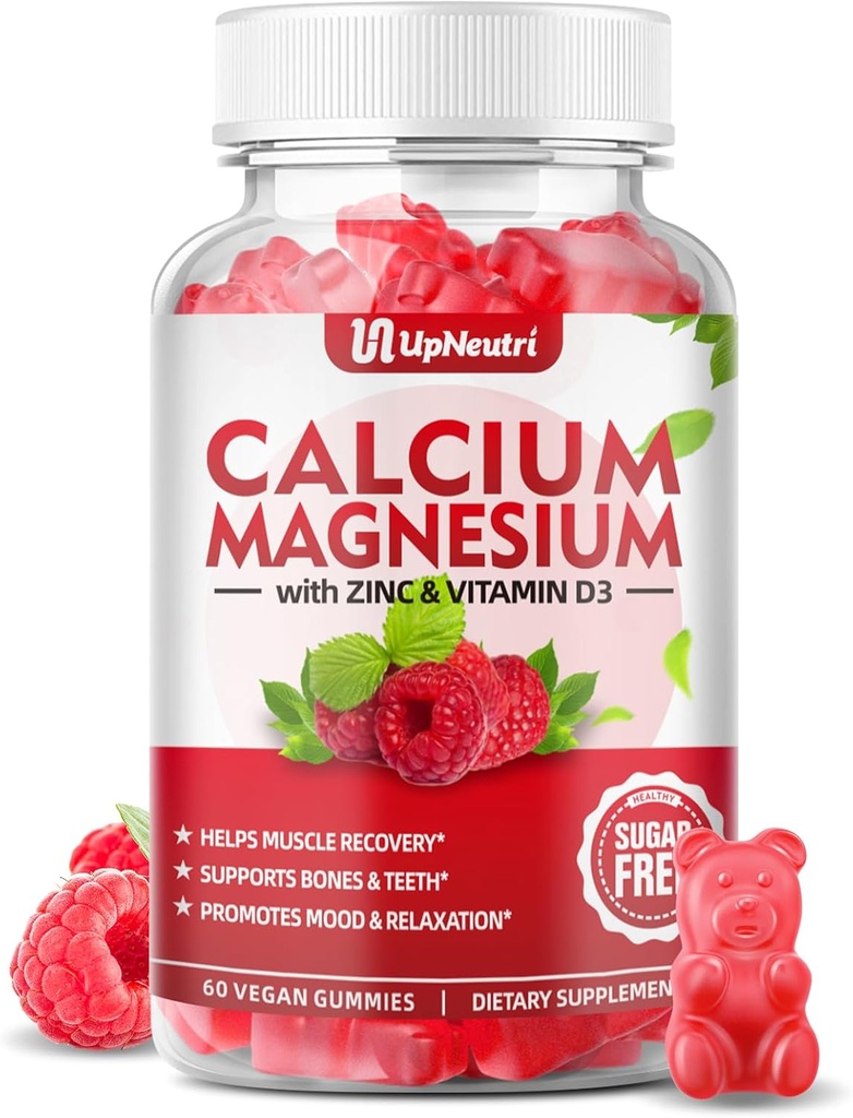 Calcium Magnesium Zink met Vitamine D3 Supplement, Suikervrije Calcium Gummies voor Vrouwen Mannen, Hoge Absorptie Zink Gummies voor Bone & Muscle & Immune Health, Vegan Raspberry Flavor - 60 Tellen