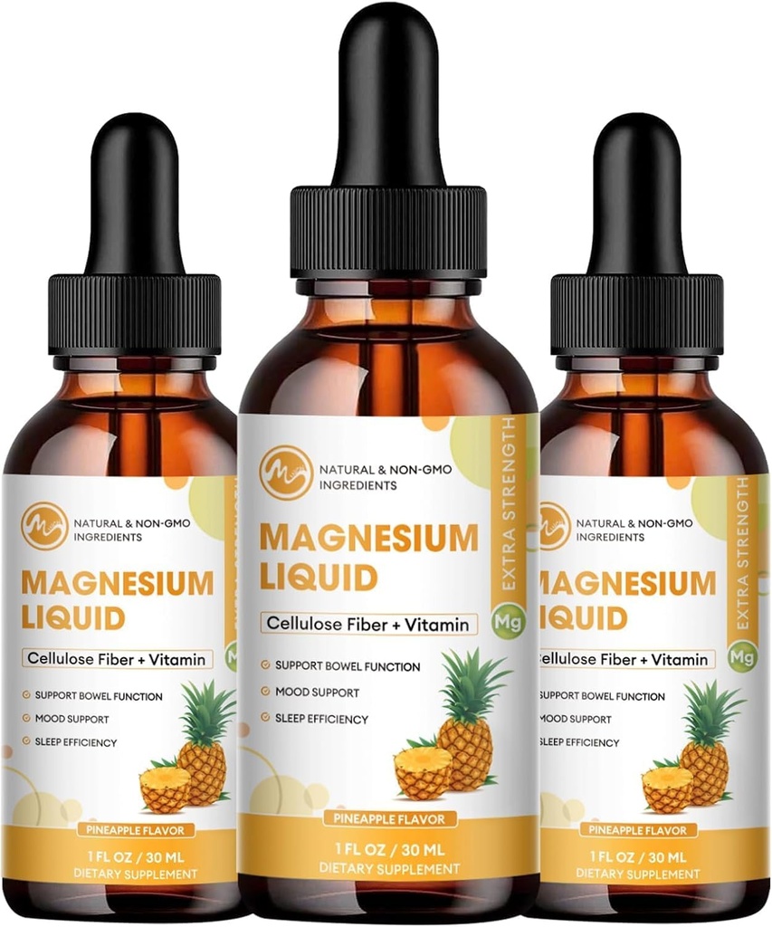(3 Pack) Magnesium Glycinate Liquid Drops, Hoge Absorptie Magnesium Liquid met Bromelain, Vitamine B6 C D, Magnesium Supplement voor kinderen en volwassenen, Night & Muscle Support, Ananas smaak