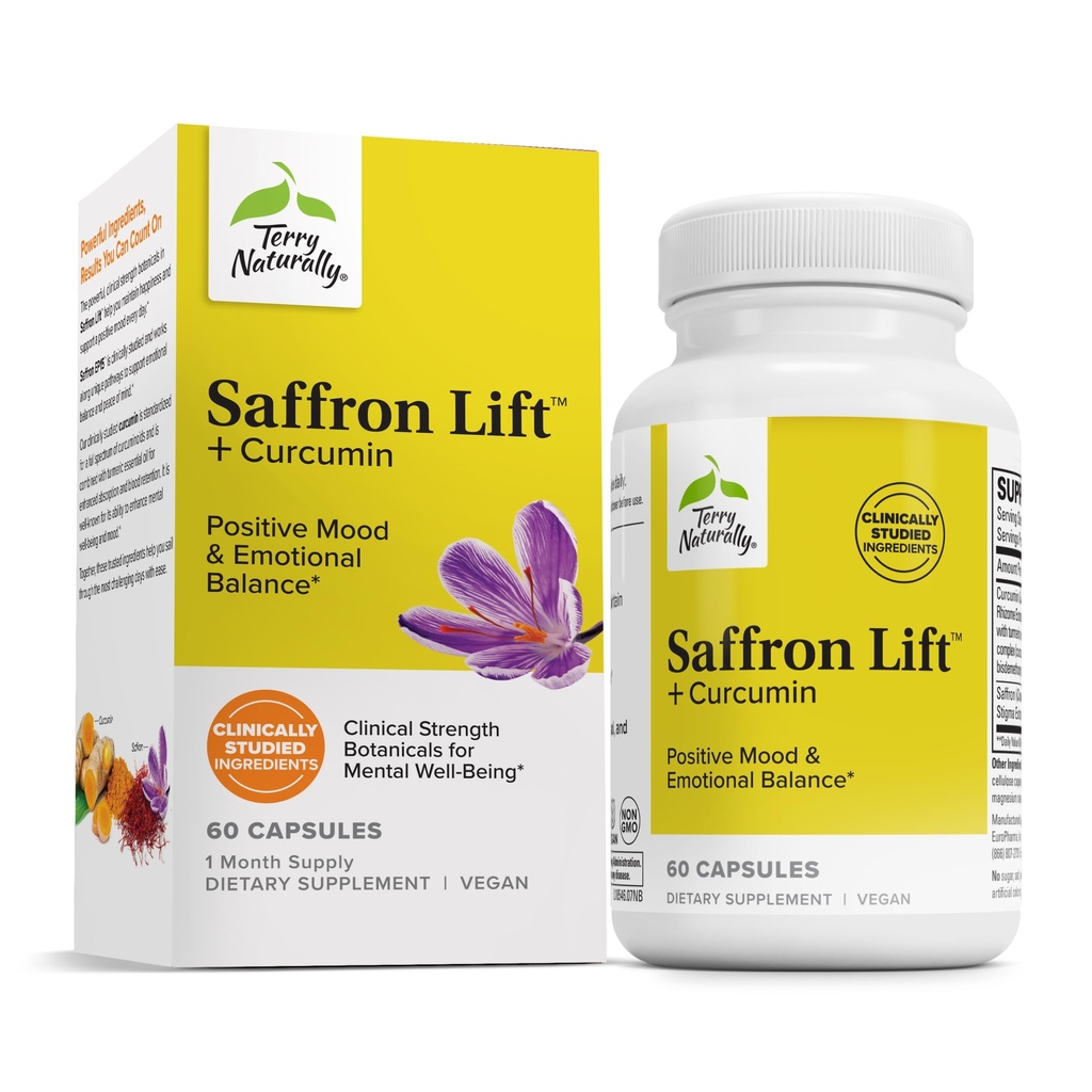 Terry Naturally Saffron Lift + Curcumin - Herbal Supplement met Curcumin - Non-GMO Saffron & Brain Curcumin Capsules - Concentratie & Relaxation Support Supplement - 60 capsules