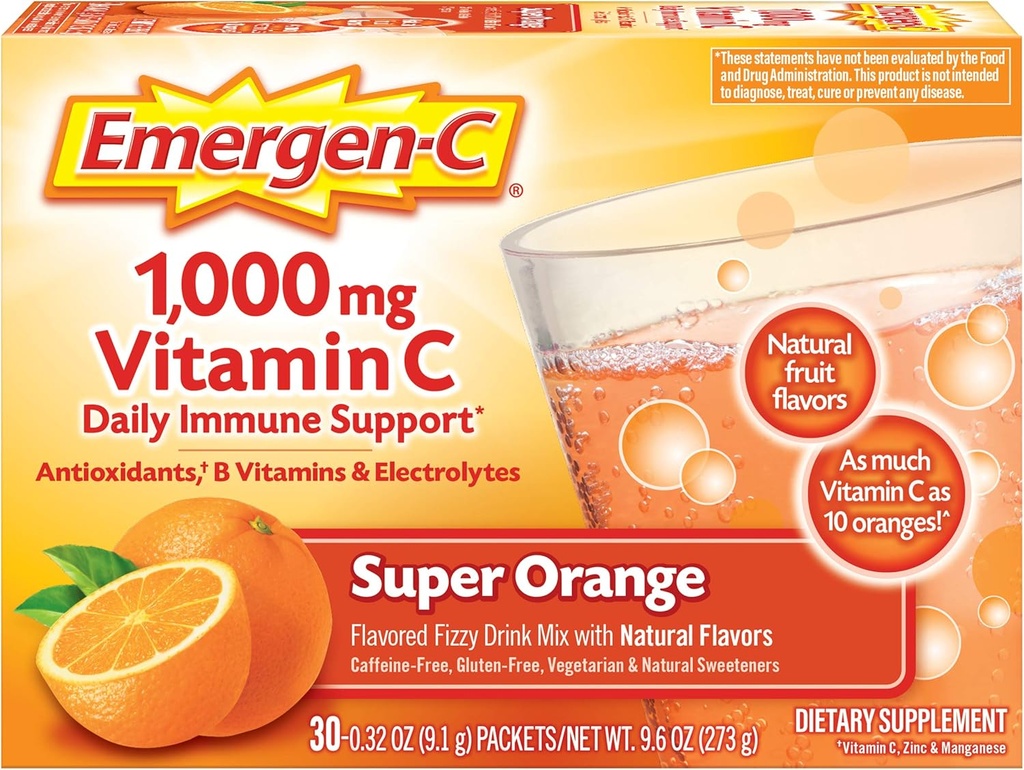 Emergen-C 1000mg vitamine C poeder voor dagelijkse Immune ondersteuning Cafeïnevrije vitamine C supplementen met zink en Mangaan, B Vitaminen en Elektrolyten, Super Oranje smaak - 30 Tellen