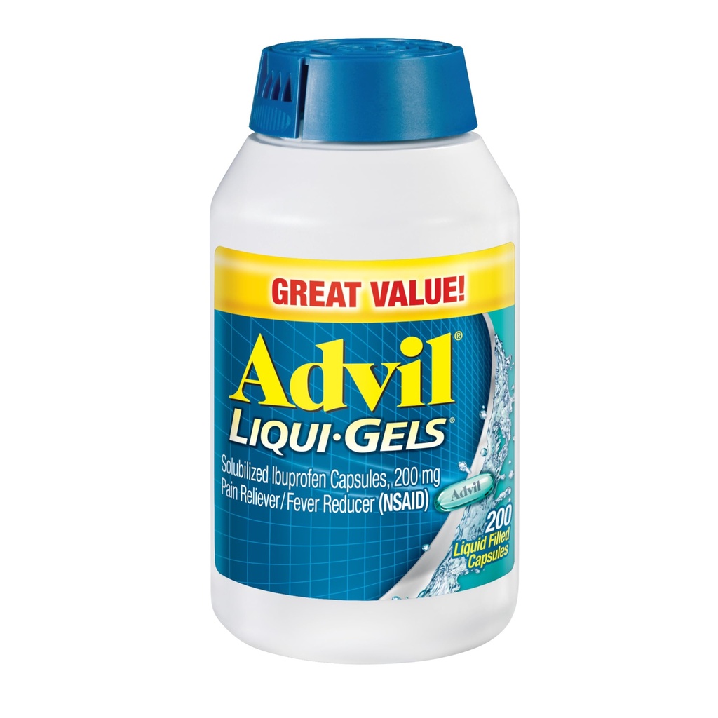 Advil Liqui-Gels anti-douleur et réducteur de fièvre, médicament pour la douleur pour adultes avec l'ibuprofène 200mg pour les maux de tête, les maux de dos, la douleur menstruelle et le soulagement de la douleur articulaire - 200 Capsules remplies de liquide