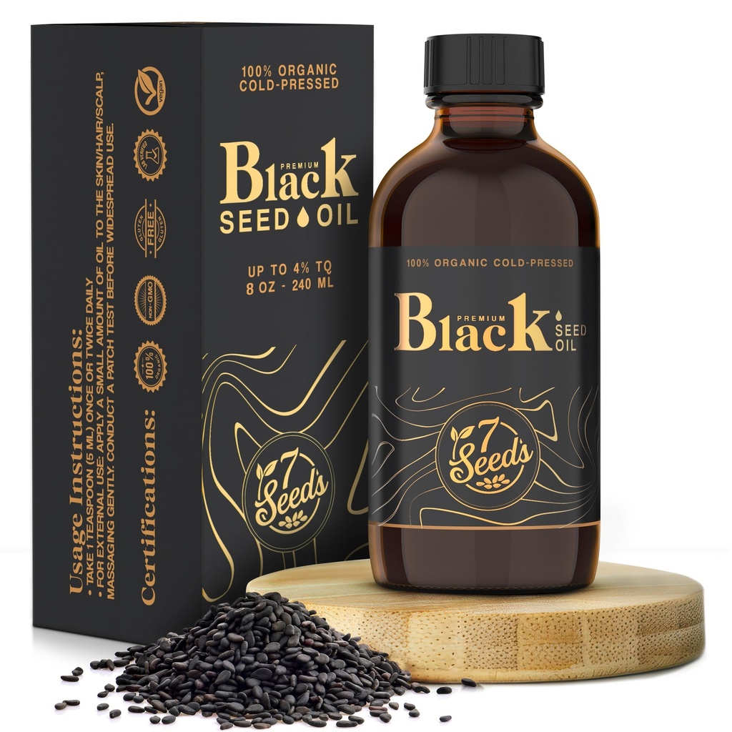 7 Seeds Cold Pressed Black Seed Oil - 240 ml Cold Pressed Nigella Sativa Liquid for Immune Support, Inflamation Support, Digestie, Hair & Skin (8 Fl Oz)