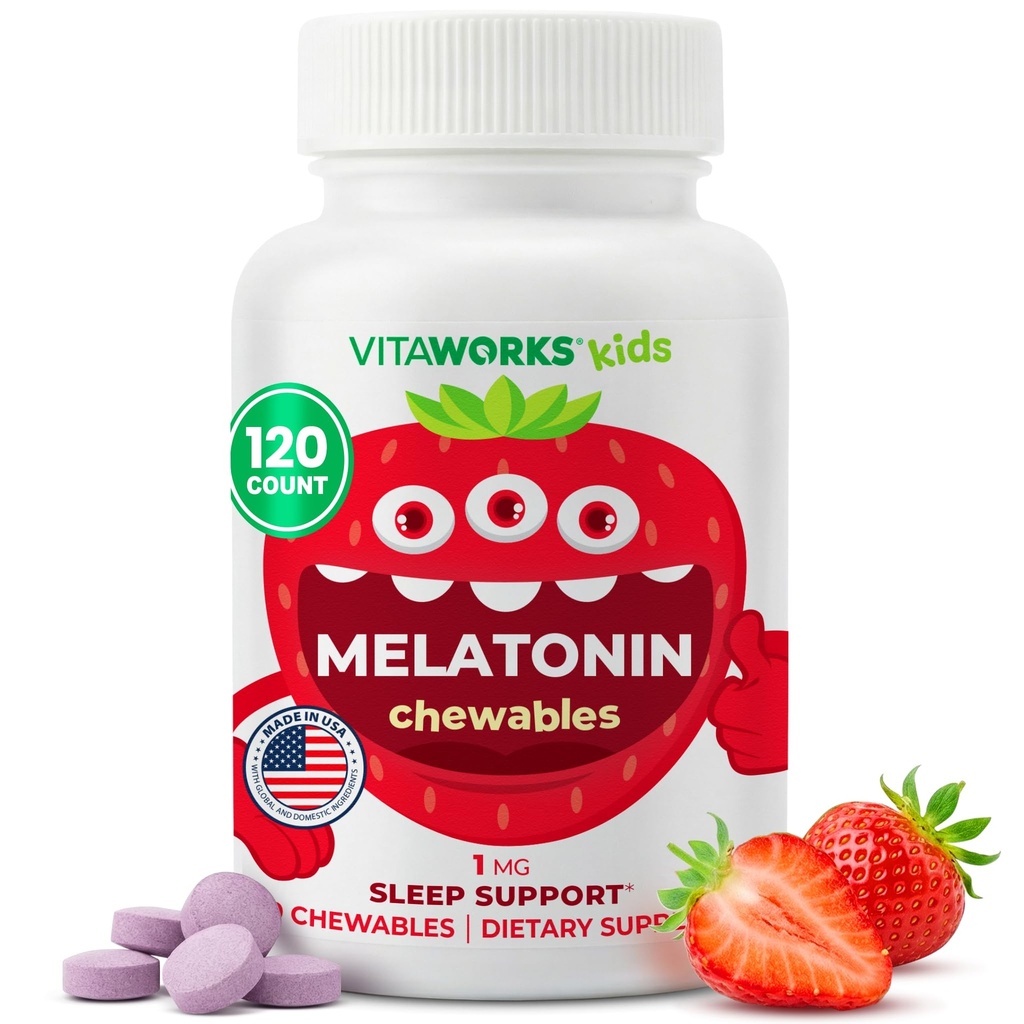Kids Melatonine 1 mg Kauwbaar met L theanine, kamille en citroenbalsem Extract Kauwtabletten - Natuurlijke Berry smaak - voor hulp Vallen en blijven slapen - voor kinderen - 120 Kauwtabletten