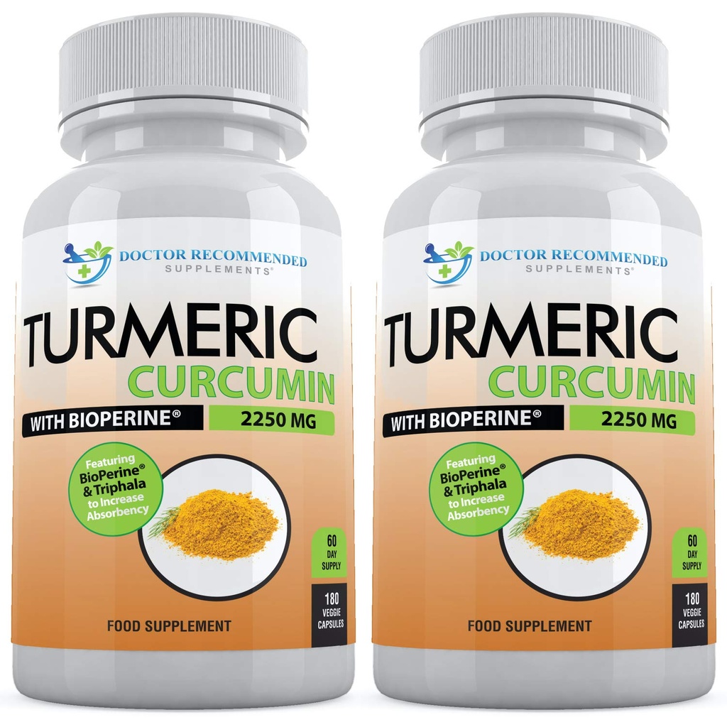 Kurkuma Curcumine met Bioperine - 360 Veggie Capsules - 2250mg 95% Curcuminoïden met Black Pepper Supplement en Triphala (verpakking van 2)