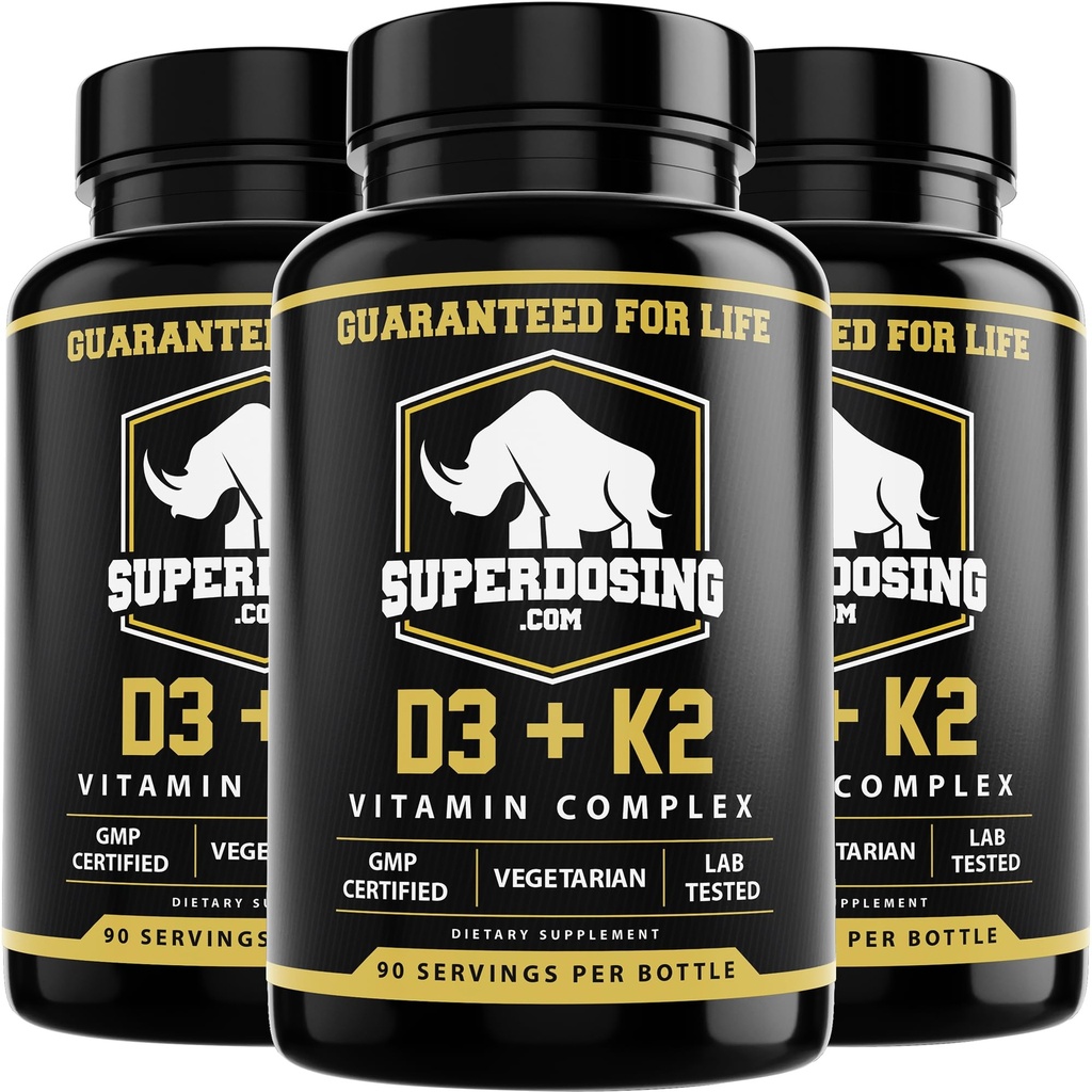 Beste waarde, Max Strength 10.000 ie Vitamine D3 en 1500 mcg Vitamine K2 Supplementen 3 Bottle Pack. D3K2 Vitaminen en Supplementen voor de gezondheid. D3-K2 MK4 capsules, beste K2D3 vitamine voor het immuunsysteem