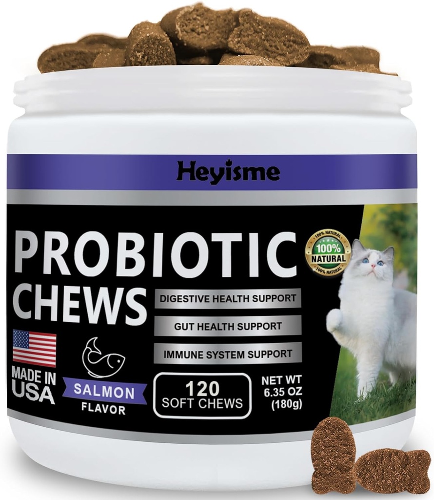 Kattenprobiotica, Kauwen voor Gut en Immune Health, Kattenprobiotische supplement voor kattendigestieve ondersteuning, gezonde spijsvertering, kat constipatie en diarree verlichting (120 pillen, zalm)