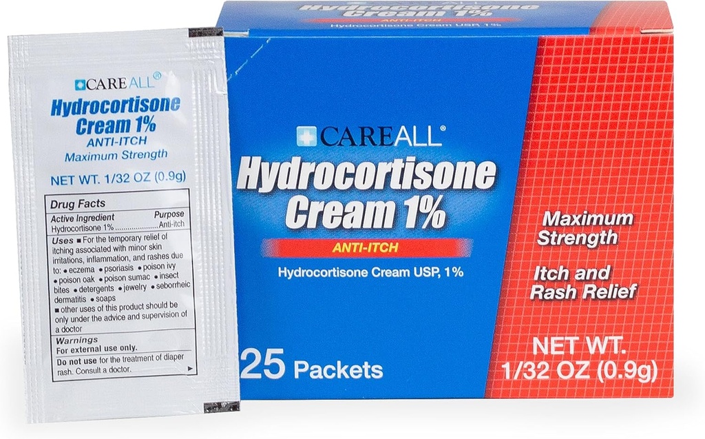 CareAll Hydrocortison Cream 1% (25 Pack), 0,9gr Foil Packet. Maximale sterkte Formulatie, Anti-Itch Rash huidcrème verlicht jeuk, eczeem, Insect Bites, Poison Ivy en psoriasis