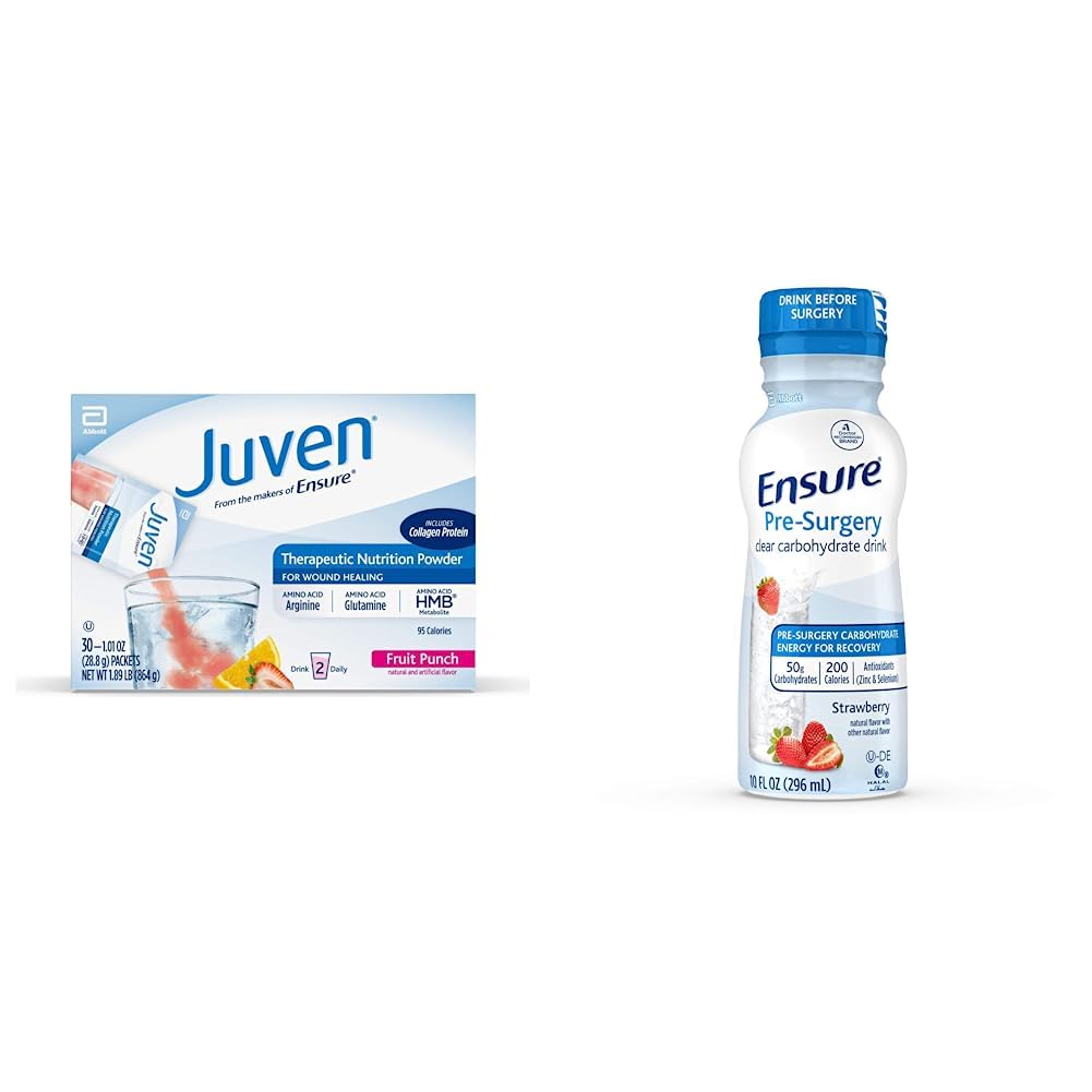 Juven Therapeutische Voeding Drinkmix Poeder voor Wond Healing Ondersteuning, Inclusief Collageen Proteïne, Fruit Punch, 30 Tellen en Zorg voor pre-Surgery, Clear Carbohydraat Drink, Aardbei, 10 fl oz, 4 Tellen