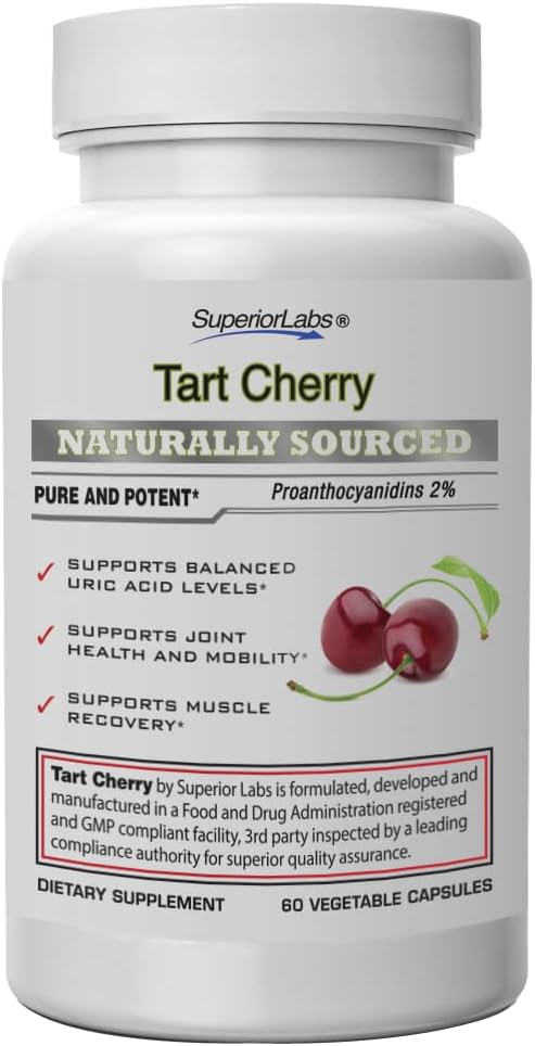 SuperiorLabs Tart Cherry 1000 mg Extract, 2% Proanthocyanidinen, Ondersteunt Balanced Uric Acid Levels, Selderijzaad & Black Pepper Extracts voor maximale absorptie, 60 Veg Caps