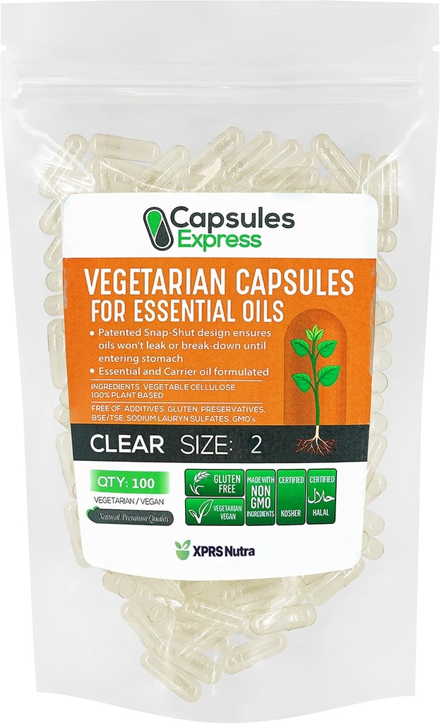 XPRS Nutra Maat 2 Lege Vegan Capsules - 100 Tel Clear Veggie Capsules voor de meest essentiële oliën - Lege plantaardige pillen voor essentiële oliën - DIY-vulling