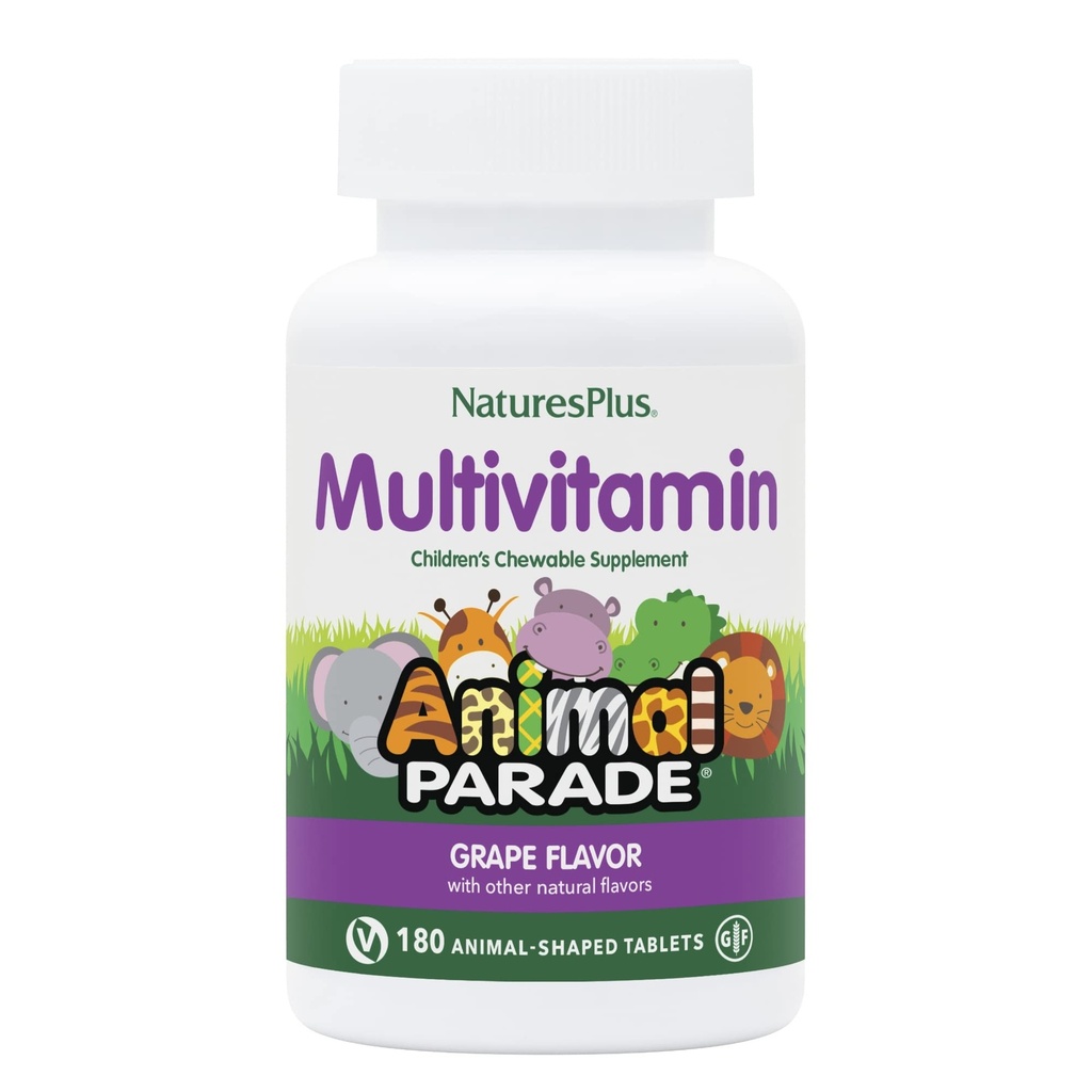 NaturesPlus Dierenparade Kinderen Kauwbare Multivitamine - Druivensmaak - 180 Animal Shaped Tablets - Bevordert gezondheid en welzijn - Vegetarisch, Glutenvrij - 90 porties