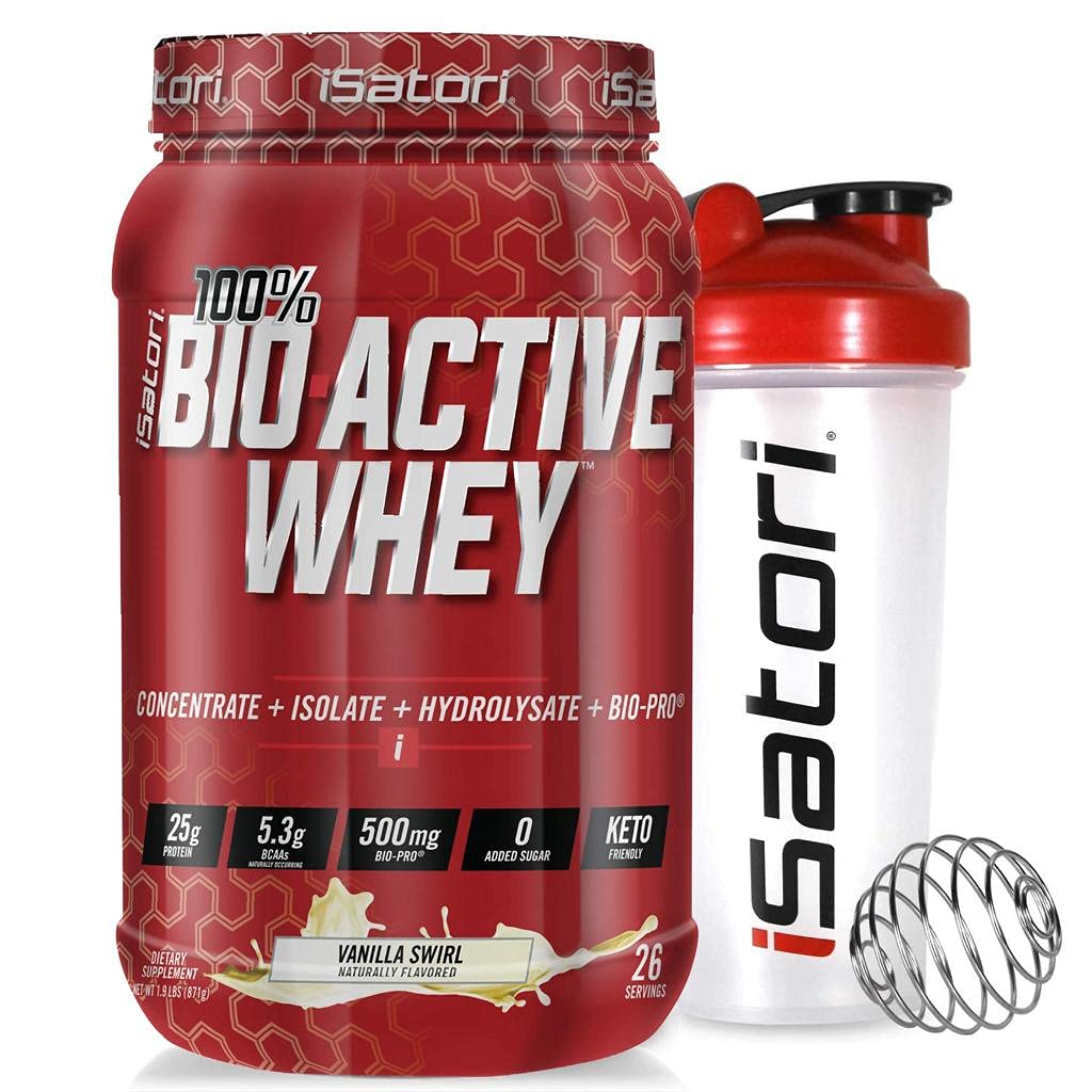 iSatori Bio-Active Whey Protein Powder - Vanilla Swirl (30 Servers) & iSatori Classic Blender Bottle (Clear Bottle with Red Top)
