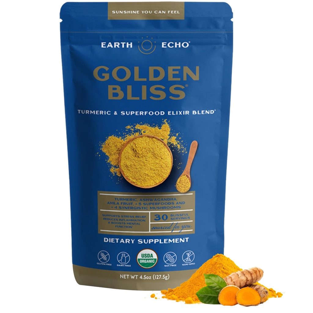 Earth Echo Golden Bliss, mélange d'élixir de crème curcuma biologique avec racine d'Ashwagandha, huile MCT et mélange de 4 champignons pour le sommeil reposant, le soutien immunitaire et réduit la rage, sans lait, 30 portions